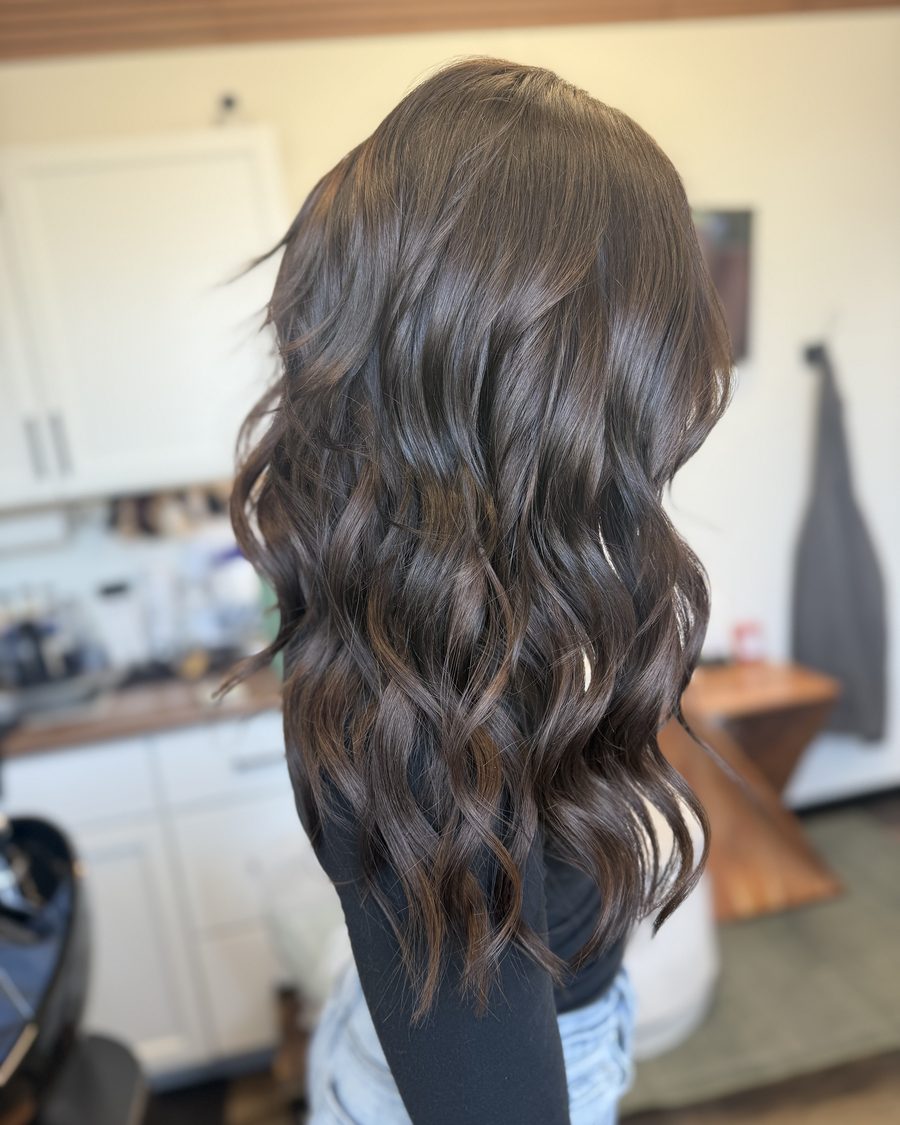 The same guest with hair down: long brunette waves with no visible extension row after an IBE install at Emerald Salon & Suites in Hiawatha, Iowa