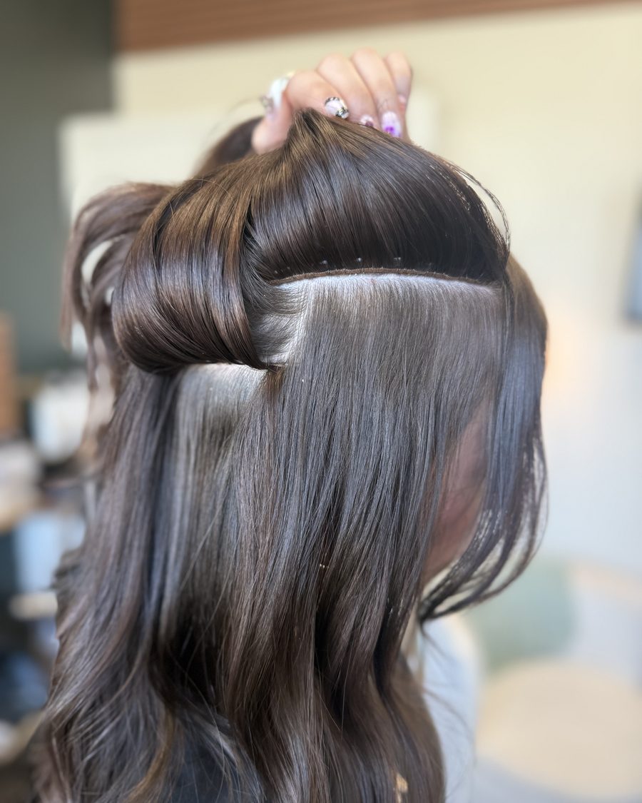Top section of brunette hair lifted to show a hand-tied Invisible Bead Extensions weft lying flat against the head, with no bead touching the scalp